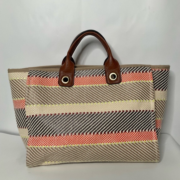 Jen & Co Woven Patterned Cotton Peach Cream Grey Striped Tote Bag Lined Interior - Picture 15 of 15